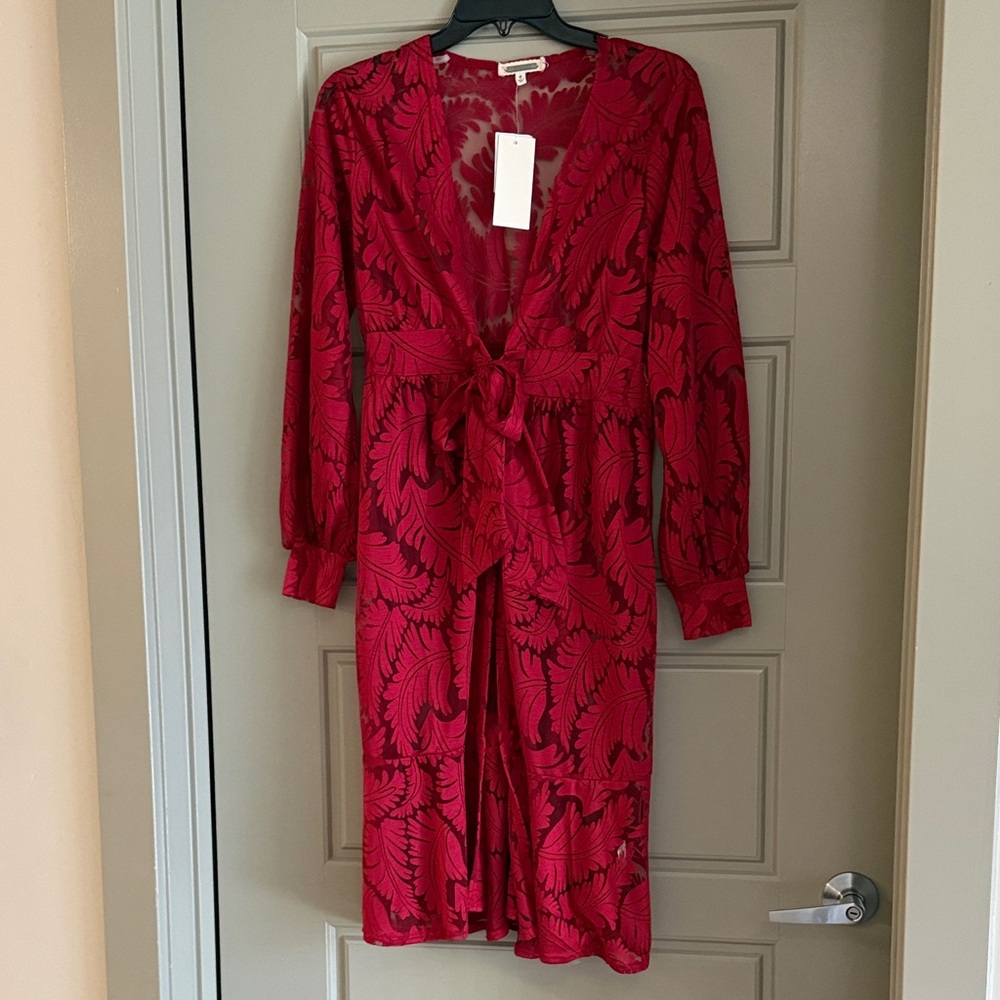 Red Patterned Long Sleeve Tie-Waist cardigan